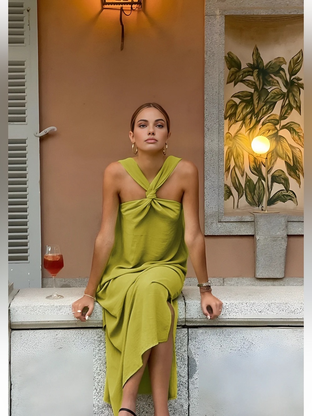 NWT Commense Cross Halter Split Long Dress in Green